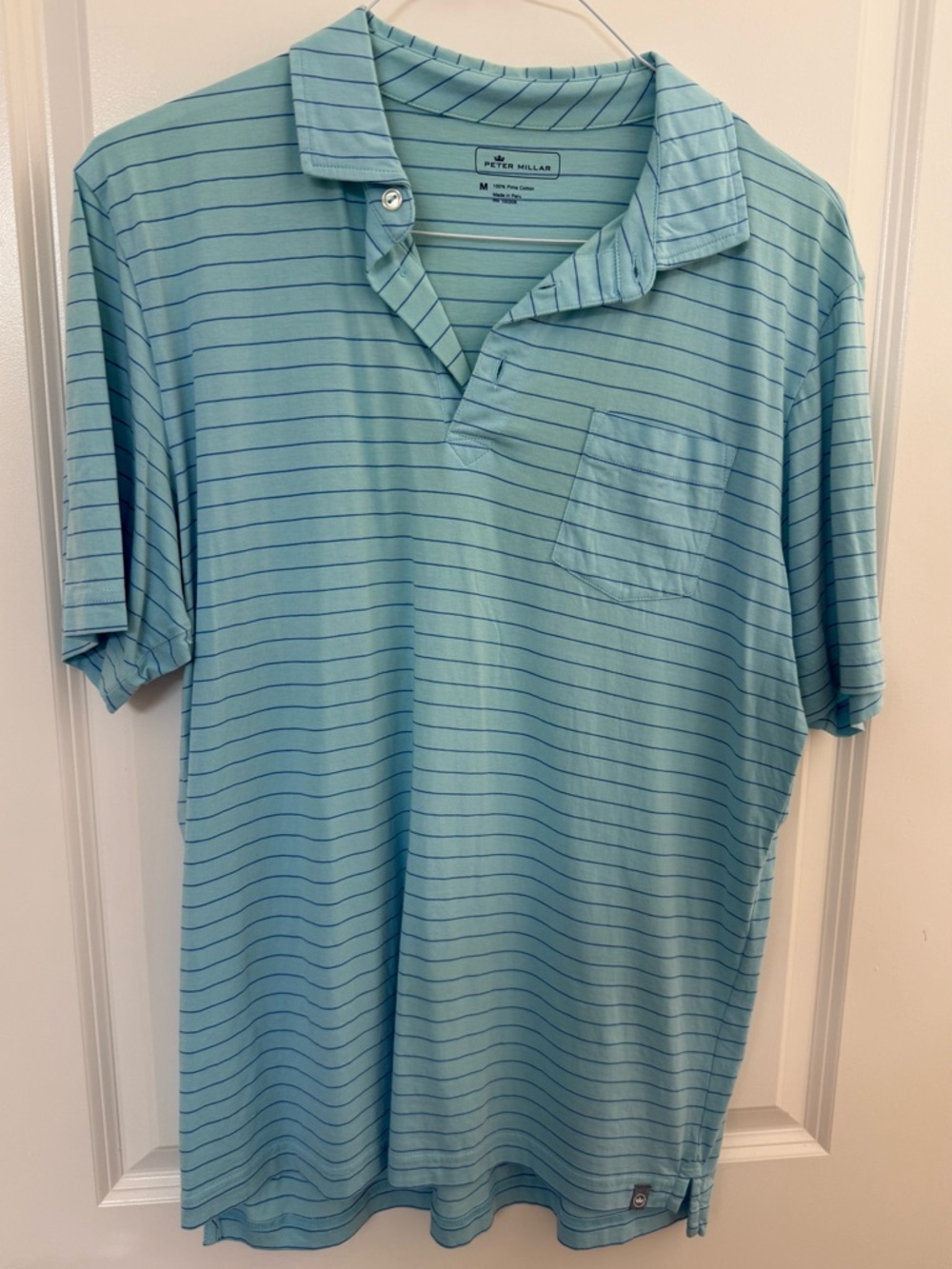 Peter Millar Aqua Polo with Thin Navy Stripes